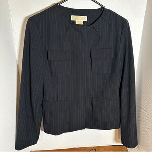 Michael Kors Size 4P Pinstripe Black Snap Button Blazer Four Flap Pockets